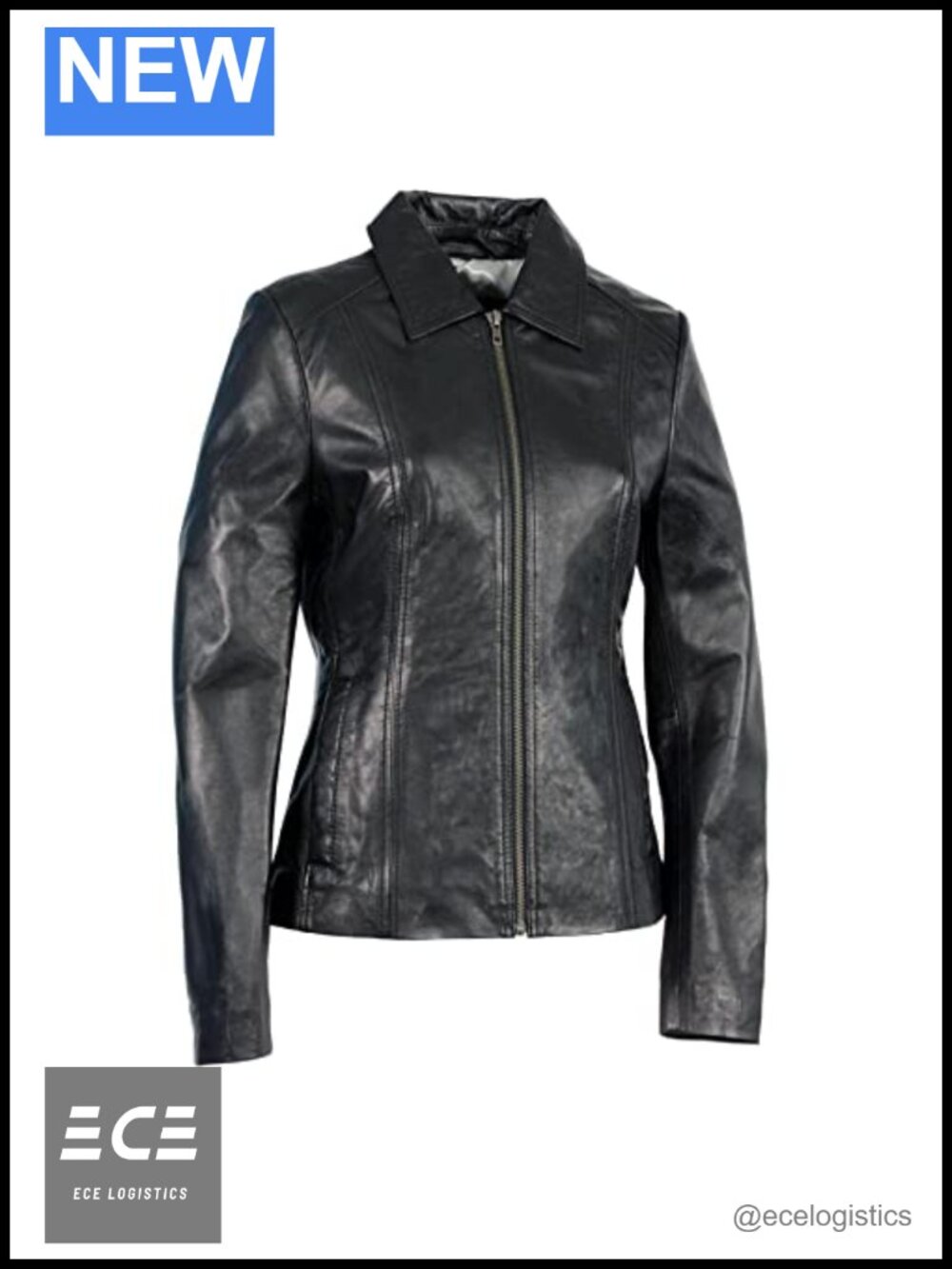 Women's Classic Black Zippered Leather Jacket with Shirt Style Collar